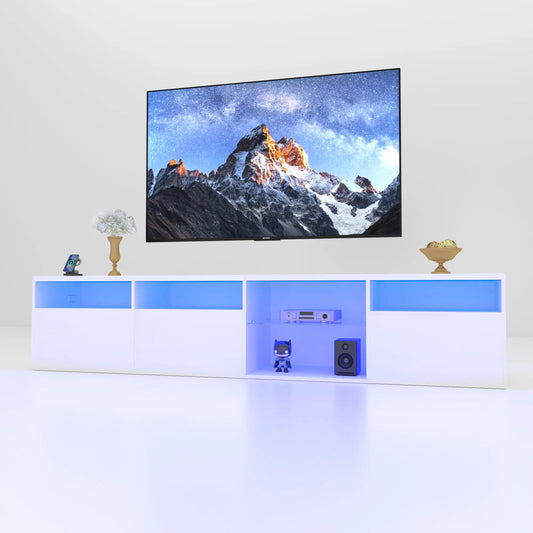 TV console with 82.6-inch Sony LED TV above white and blue storage cabinet on Tampa Home & Garden Store