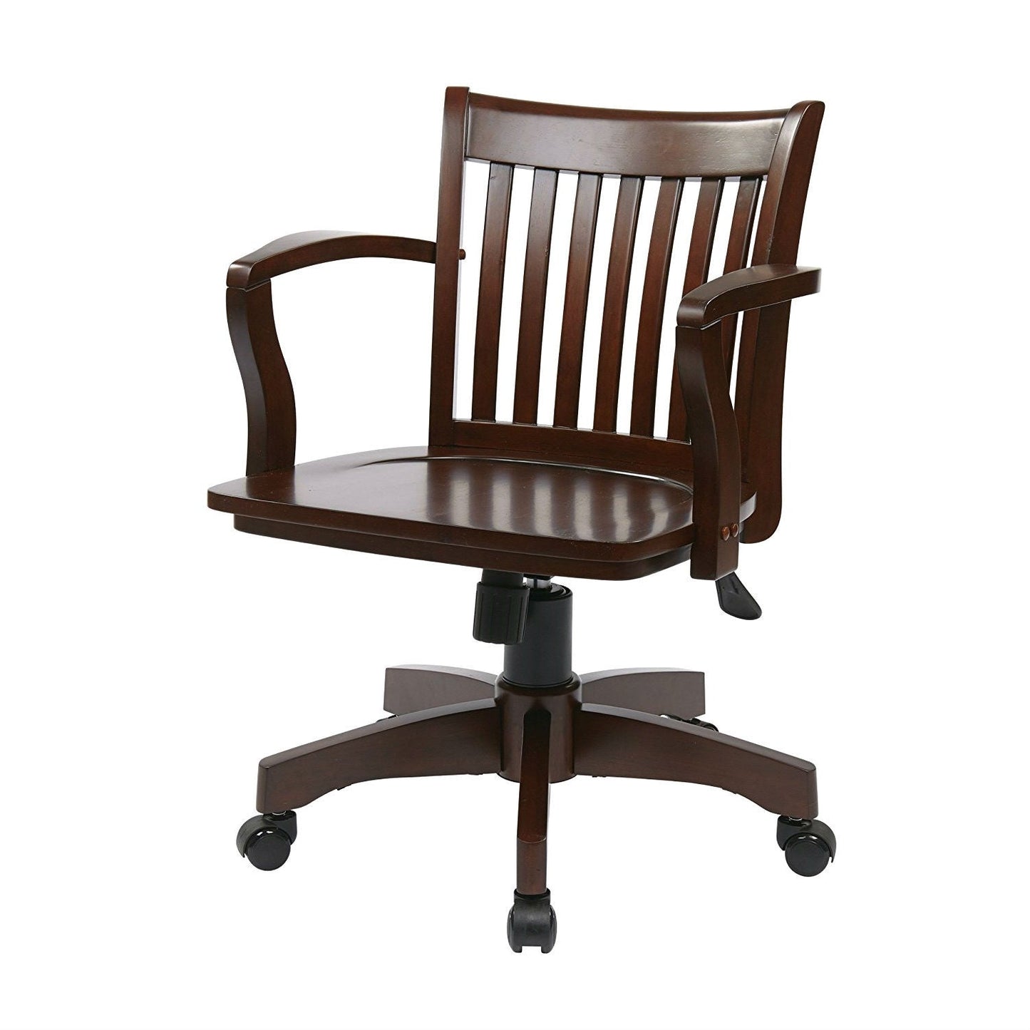Sillón de banquero de madera color espresso con brazos y asiento de madera