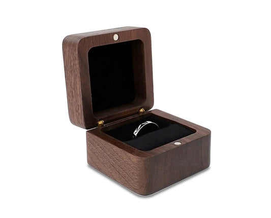 Teak wood ring box jewelry storage case with natural finish and black interior on Tampa Home & Garden Store