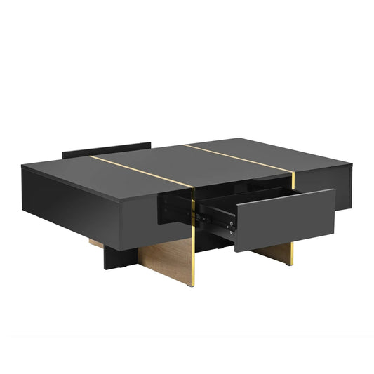 On-Trend Coffee Table 47.2 by 31.4, black glossy finish with gold trim and open drawer on Tampa Home & Garden Store