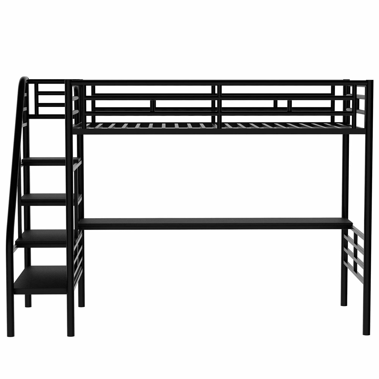 Estructura de cama alta de metal con escritorio, no necesita somier, individual, negra