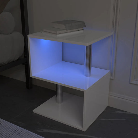 3-tier S-shaped end table, white with metal leg and blue LED glow on Tampa Home & Garden Store