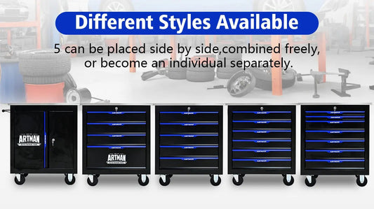 4-drawer black tool cart on casters with blue handles, ARTMAN branding; rolling set on Tampa Home & Garden Store