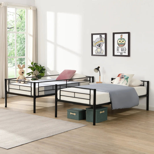 Pair of twin-over-twin bunk beds with ladders and guardrails in black metal, gray bedding on Tampa Home & Garden Store