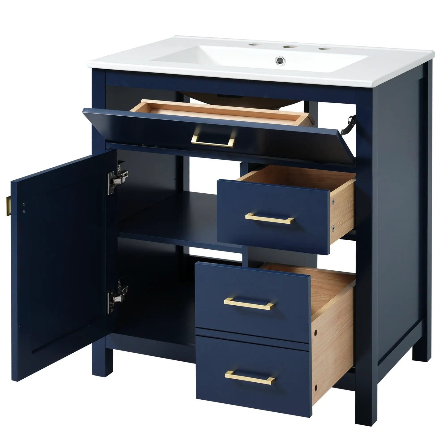 Blue 30-inch vanity with ceramic sink, navy cabinet, and wood-drawer storage on Tampa Home & Garden Store
