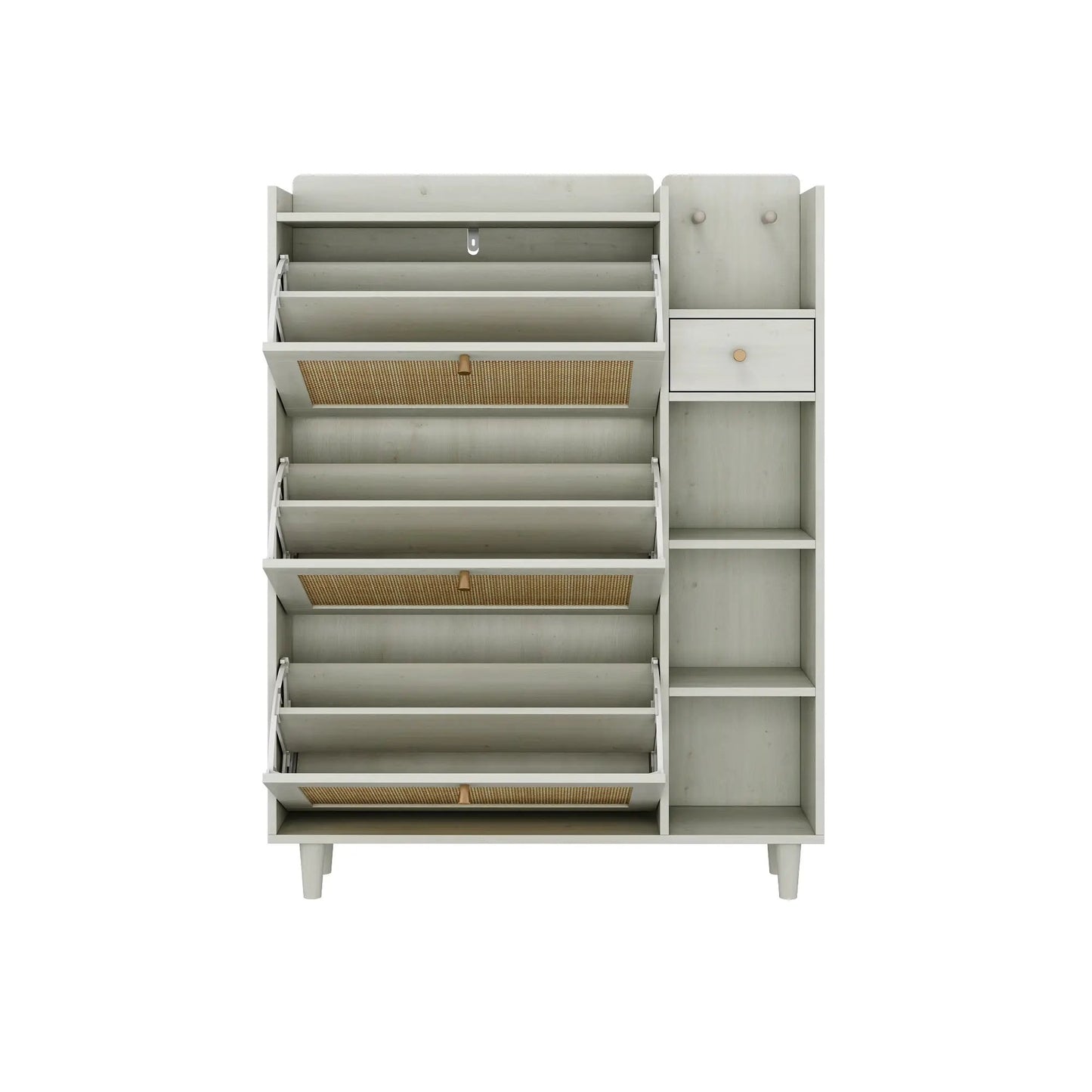Natural Bohemian Shoe Cabinet with 3 flip drawers, light wood finish, woven basket accents on Tampa Home & Garden Store