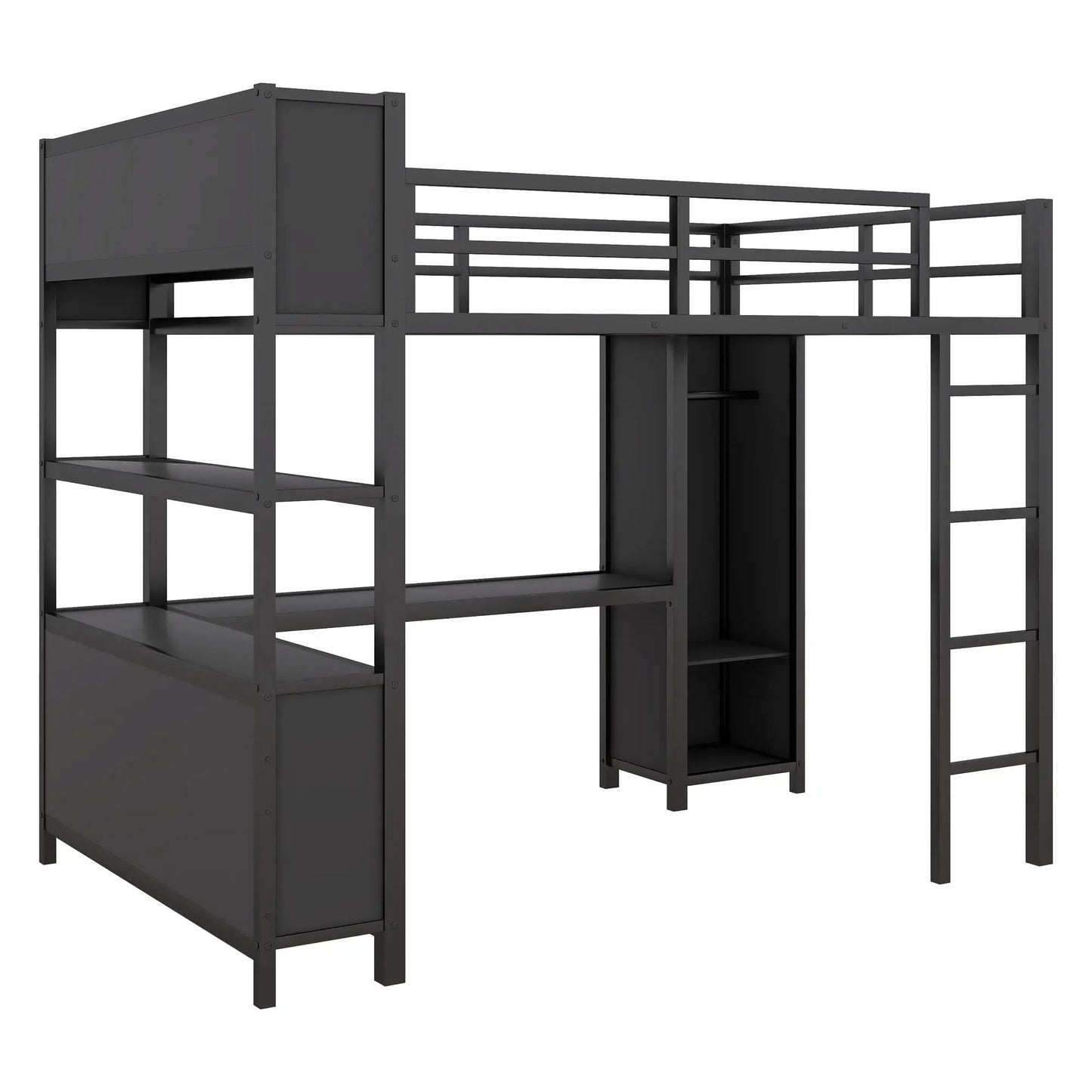 Metal loft bed with wardrobe and L-shaped desk, dark gray metal frame and guard rails on Tampa Home & Garden Store