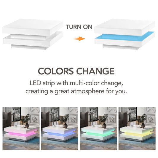 ON-TREND High Gloss Minimalist Design with LED Lights 2-Tier Square Coffee Table White
