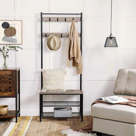 Modern black entryway coat rack and shoe bench with metal frame, 2 wooden shelves and hooks on top on Tampa Home & Garden Store