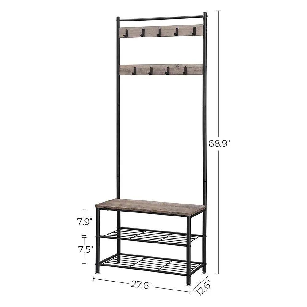 Modern Industrial Black Grey Entryway Coat Rack Shoe Bench with 2 Shelves - Tampa Home & Garden Store
