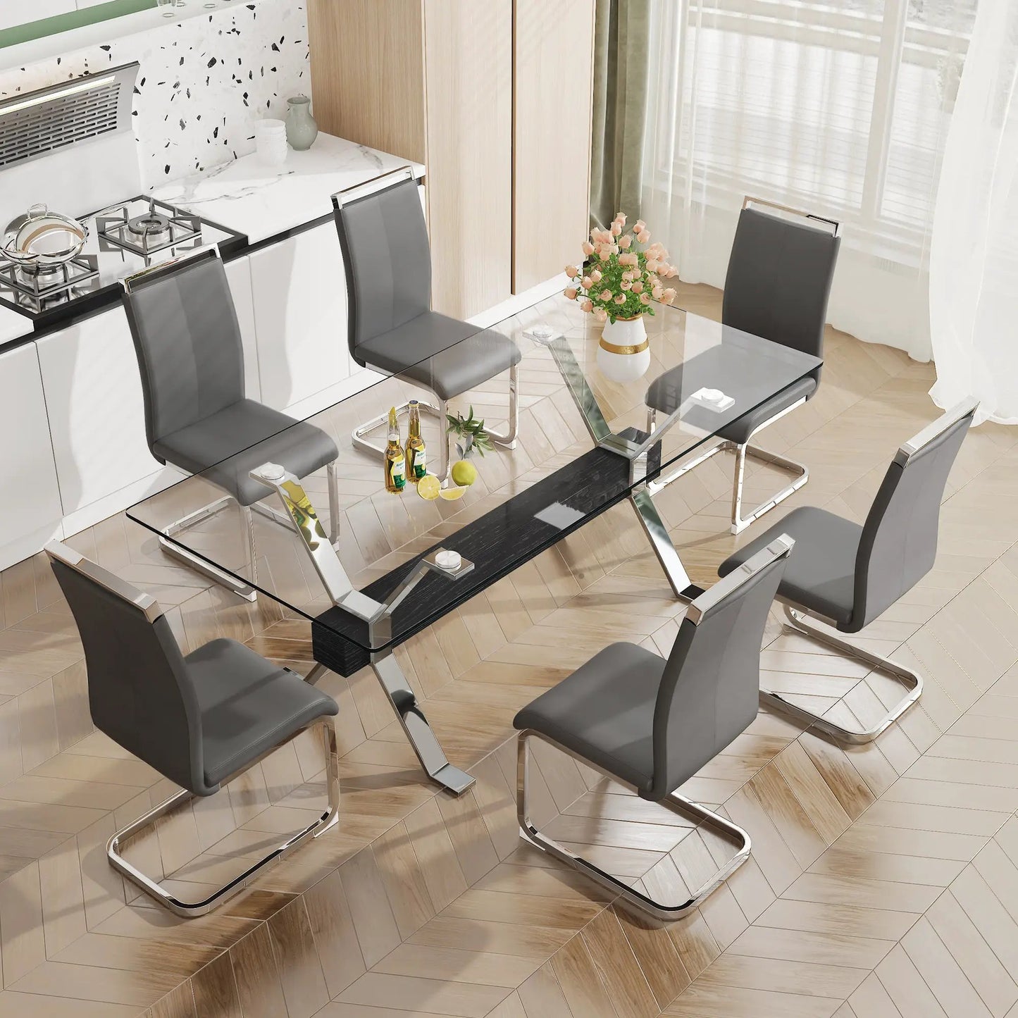 Dining Table with Tempered Glass and Metal Legs