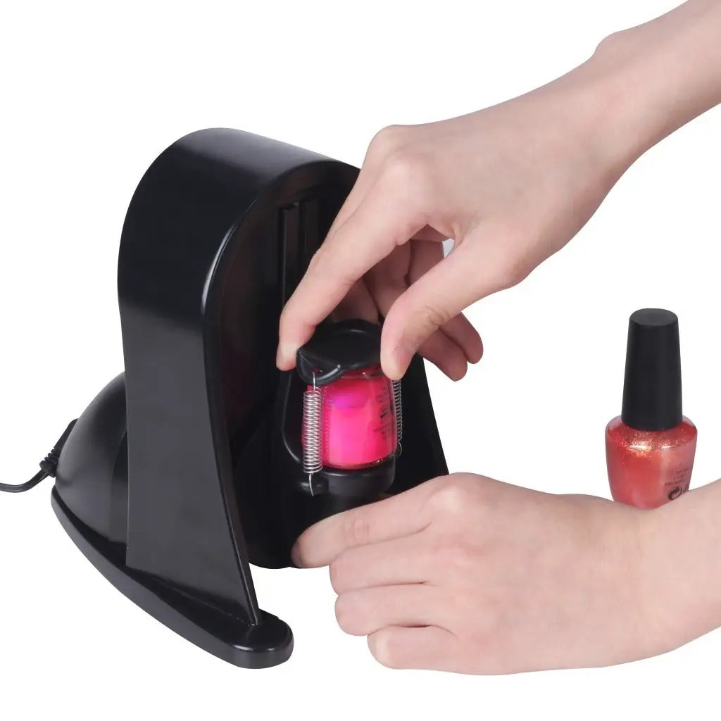 Nadico nail polish shaker machine in black with a pink polish bottle being inserted and a glitter pink bottle beside on Tampa Home & Garden Store