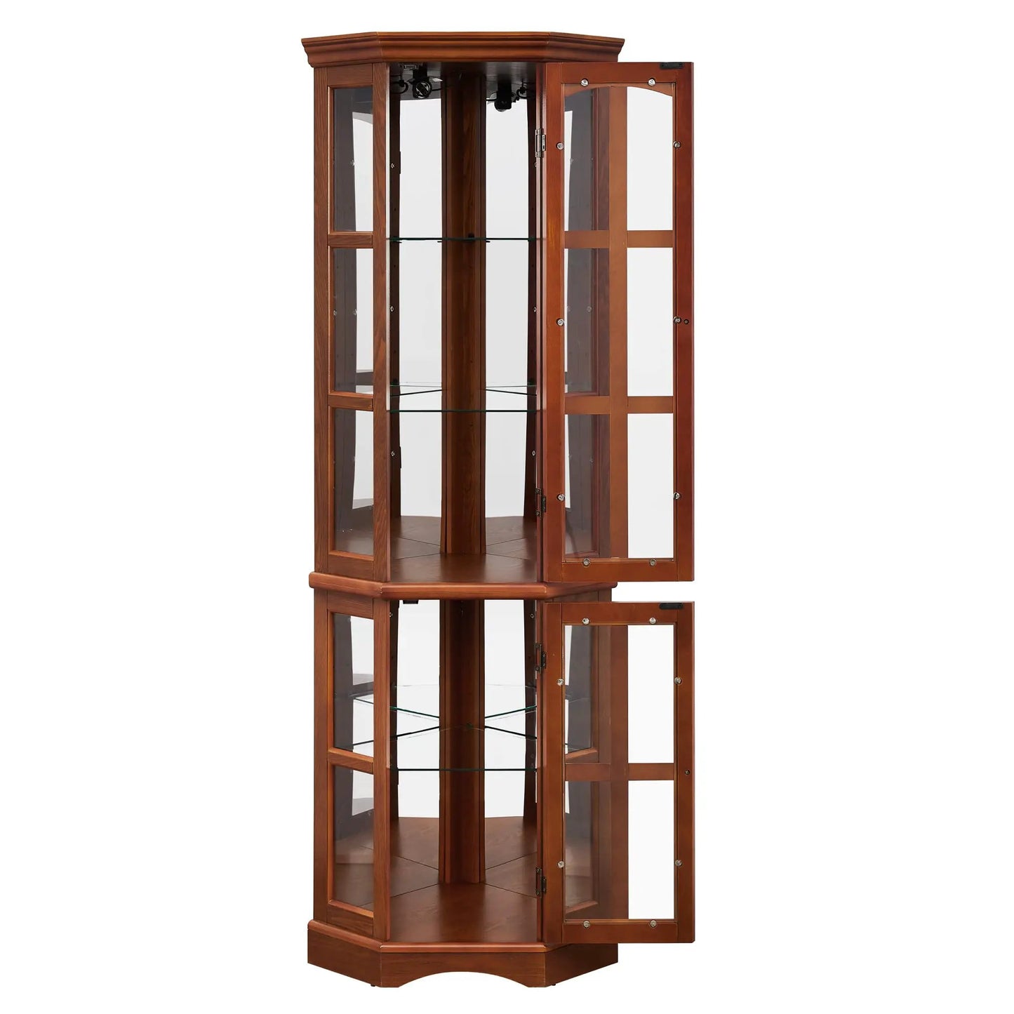 Corner curio cabinet in oak with 5 glass shelves and built-in lighting on Tampa Home & Garden Store