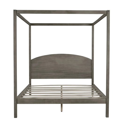 Queen size metal canopy bed frame with headboard, brushed gray finish, slatted platform base on Tampa Home & Garden Store