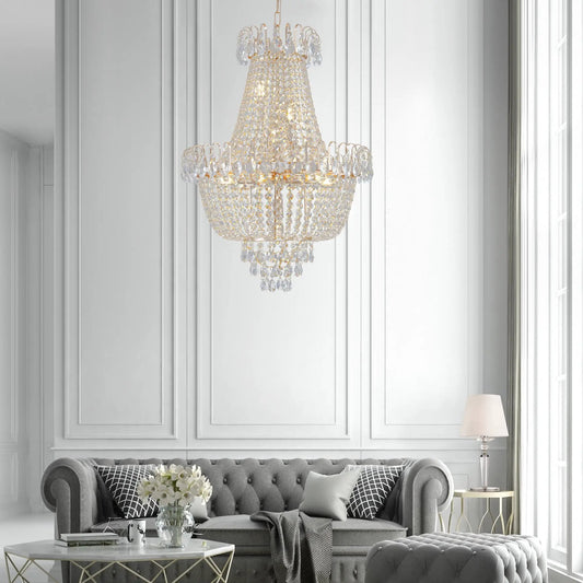 Gold crystal pendant light chandelier with cascading crystals in a modern ceiling design on Tampa Home & Garden Store