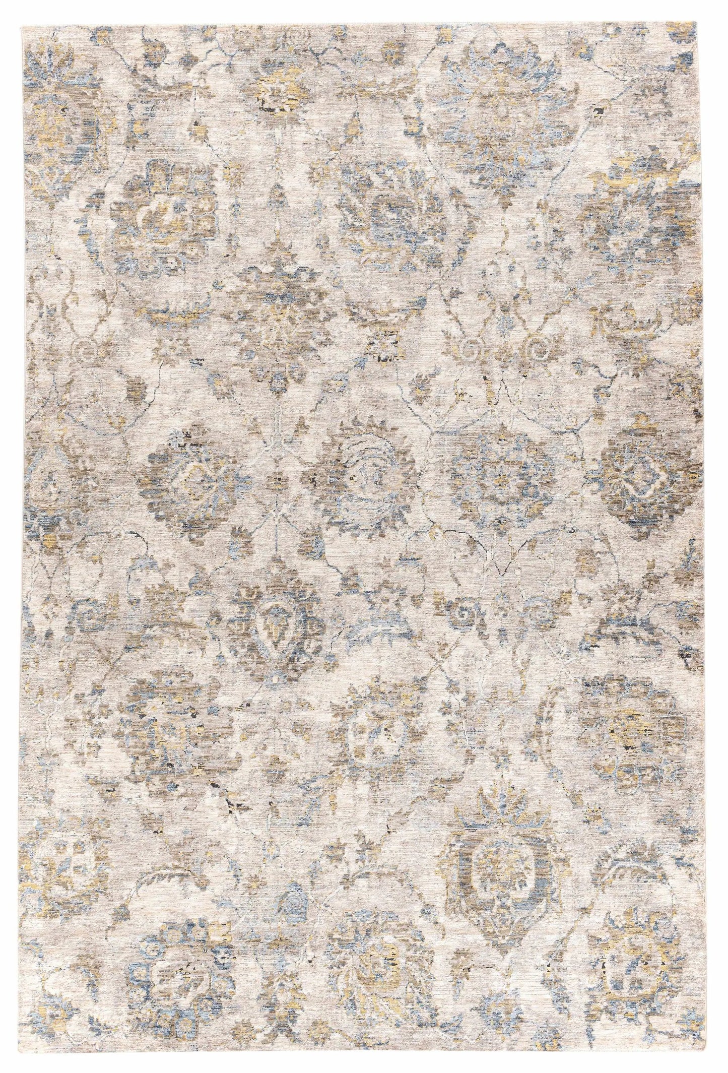 Teal Floral Rug Edenfield Collection Boutique Rugs beige backdrop with blue floral accents on Tampa Home & Garden Store