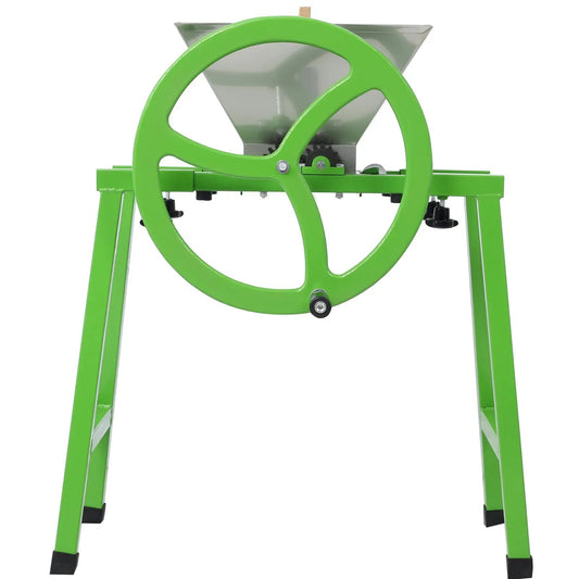 Fruit wine press and crusher in bright green metal frame with stainless hopper and manual crank on Tampa Home & Garden Store