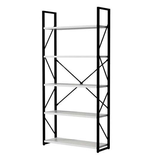Five Tier White Bookshelf Freestanding Unit with black metal frame on Tampa Home & Garden Store