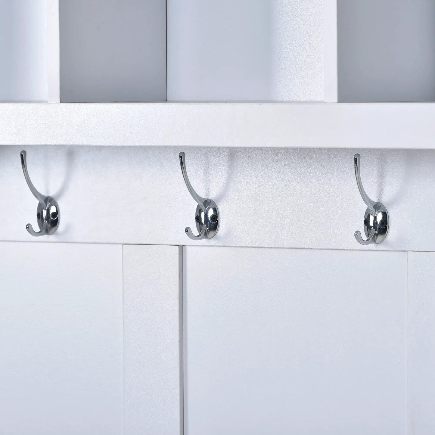 UCan hall tree with 6 chrome hooks on white finish, entryway bench style on Tampa Home & Garden Store
