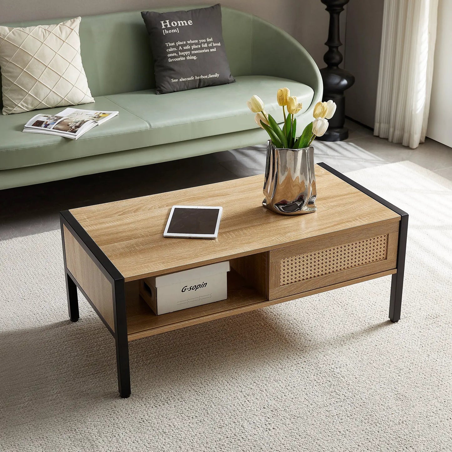 40.16 inch rattan coffee table with sliding door, wood top, black metal frame, woven cane shelf on Tampa Home & Garden Store