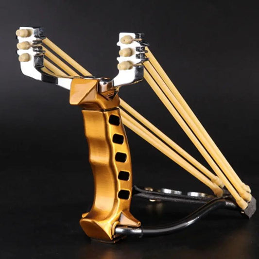 Heavy duty all-metal slingshot with wrist rest, gold frame and multiple elastic bands on Tampa Home & Garden Store