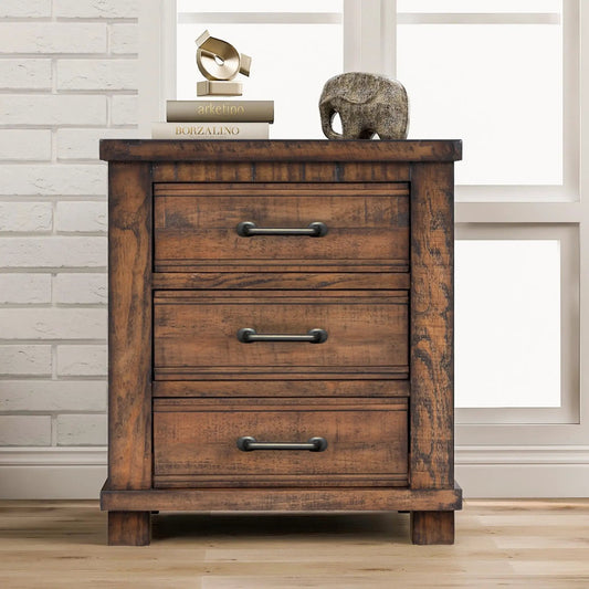 Rustic 3-drawer reclaimed farmhouse nightstand with dark wood finish and metal pulls on Tampa Home & Garden Store