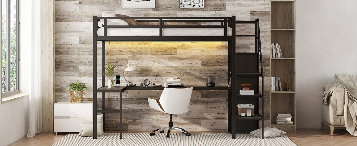 Cama alta doble XL con escritorio en L y USB, cama alta de metal con armario y estante ajustable, cama alta LED, negro