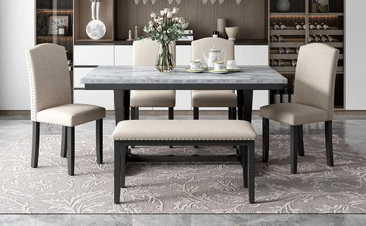 Trexm modern dining table set with four beige chairs and bench, gray marble tabletop, dark legs on Tampa Home & Garden Store