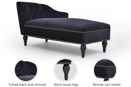 58-inch velvet chaise lounge with button tufting, navy upholstery, gold nailhead trim, solid wood legs on Tampa Home & Garden Store