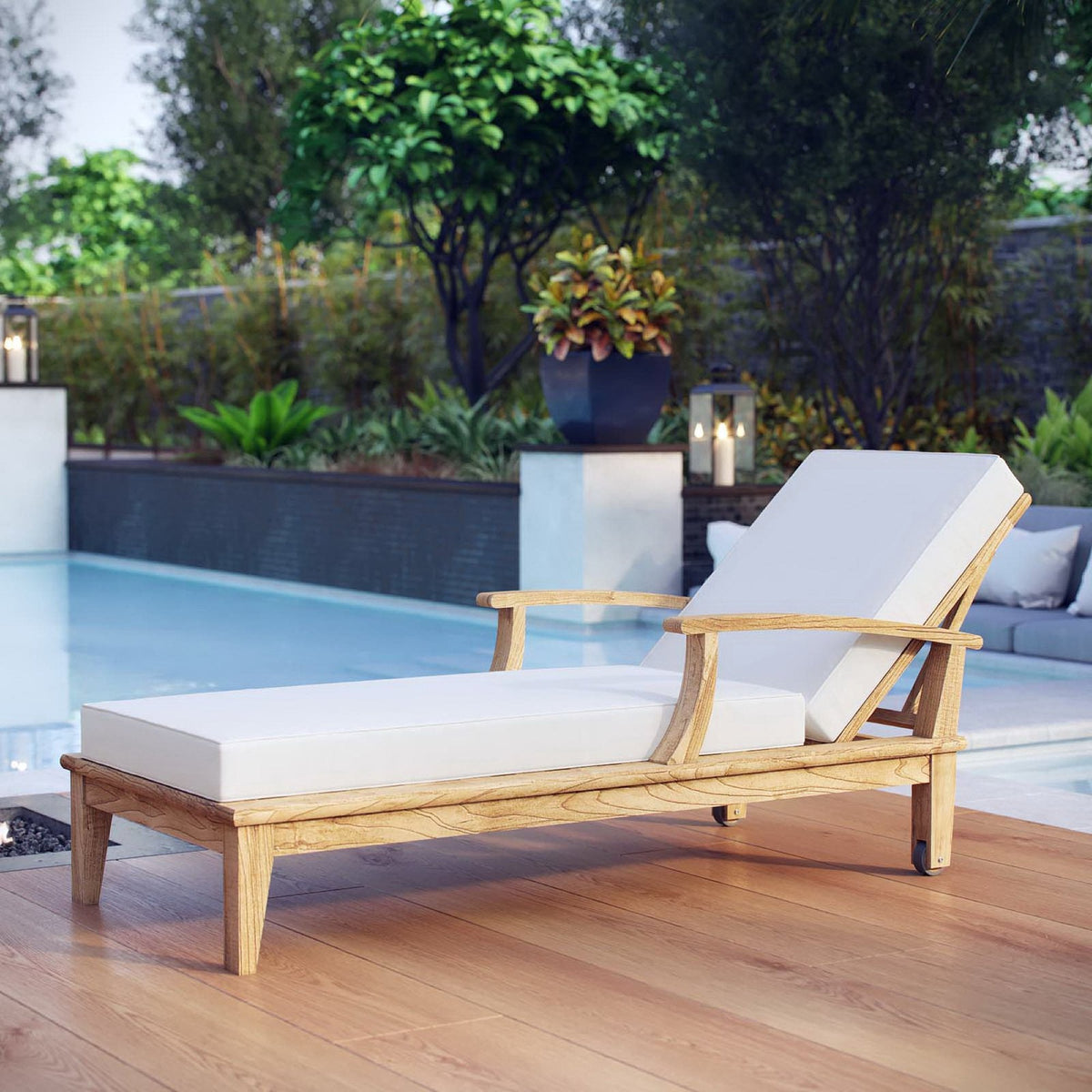 Two Marina outdoor teak single chaise lounges with white cushions on pool deck by Modway on Tampa Home & Garden Store