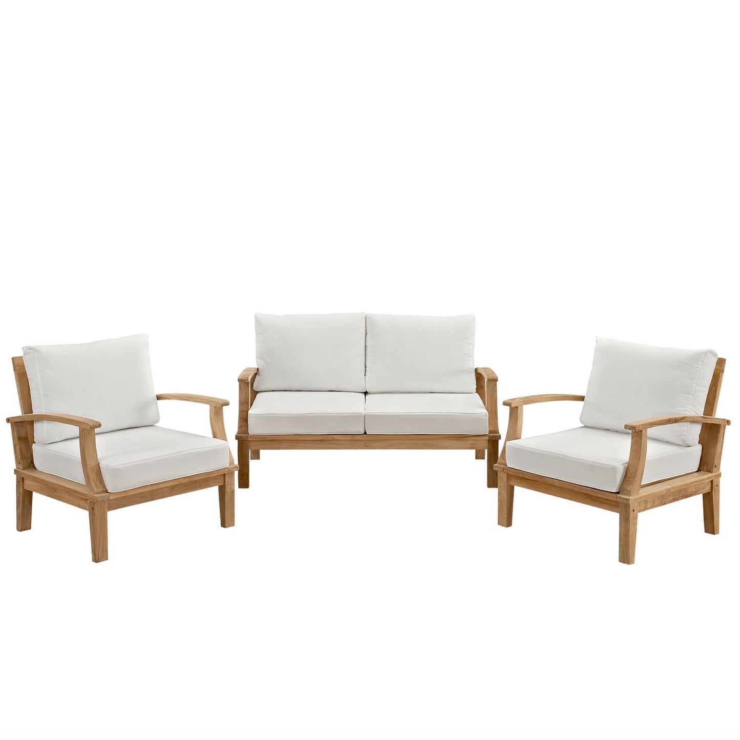 Marina 3 Piece Outdoor Teak Set with teak and white cushions; 2 chairs & loveseat by Modway on Tampa Home & Garden Store