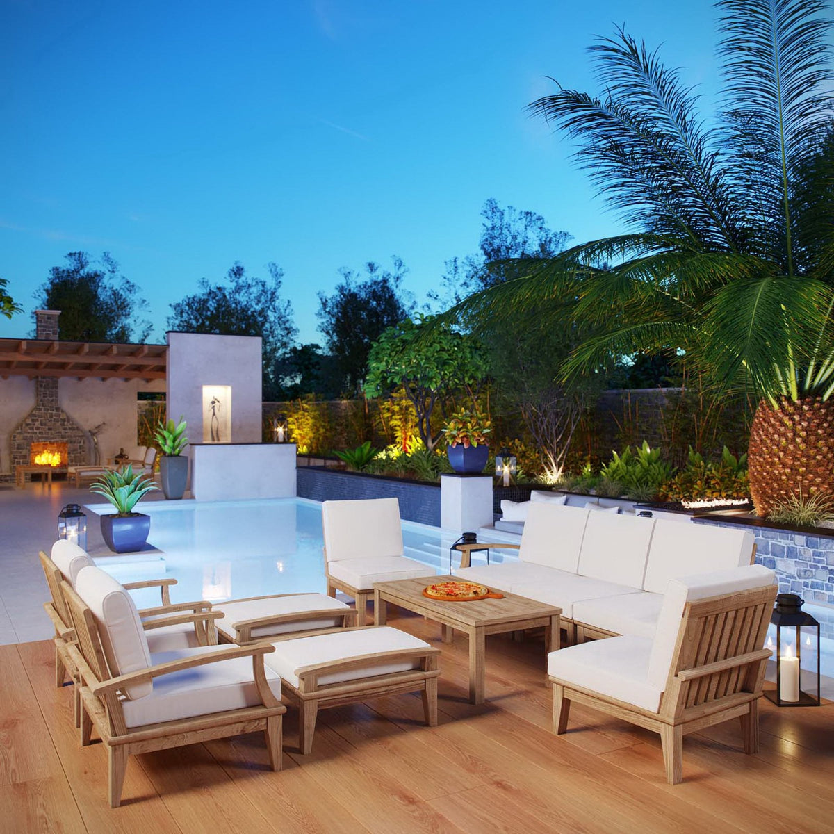 Marina 10-piece outdoor teak set by Modway with white cushions natural teak finish on Tampa Home & Garden Store