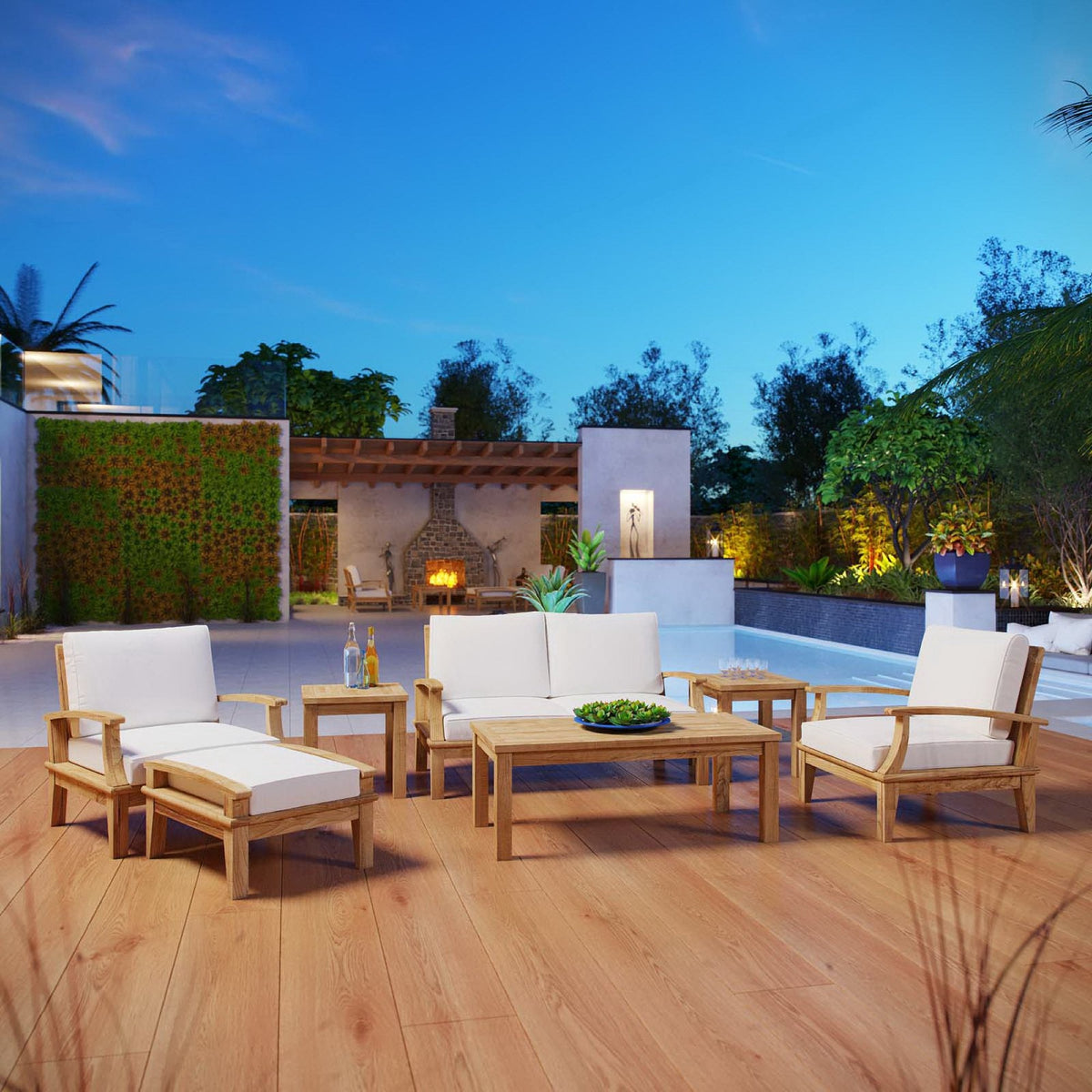 Marina 7pc outdoor teak patio set by Modway with cream cushions on a teak deck beside a pool on Tampa Home & Garden Store