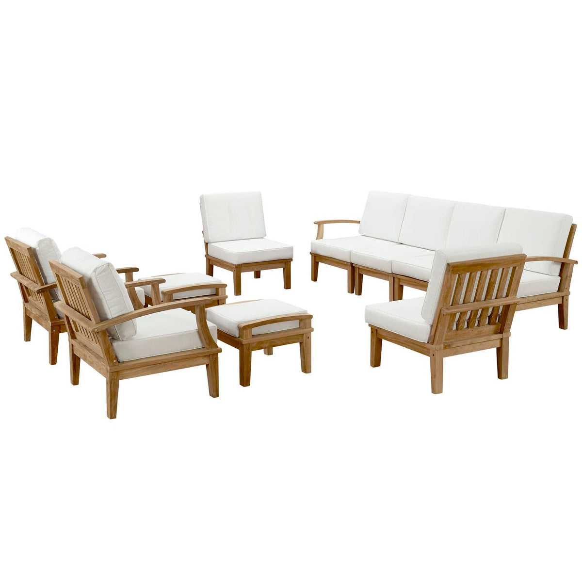 Marina 10-Piece Outdoor Teak Set with white cushions, natural teak frames by HouseOfZazla on Tampa Home & Garden Store