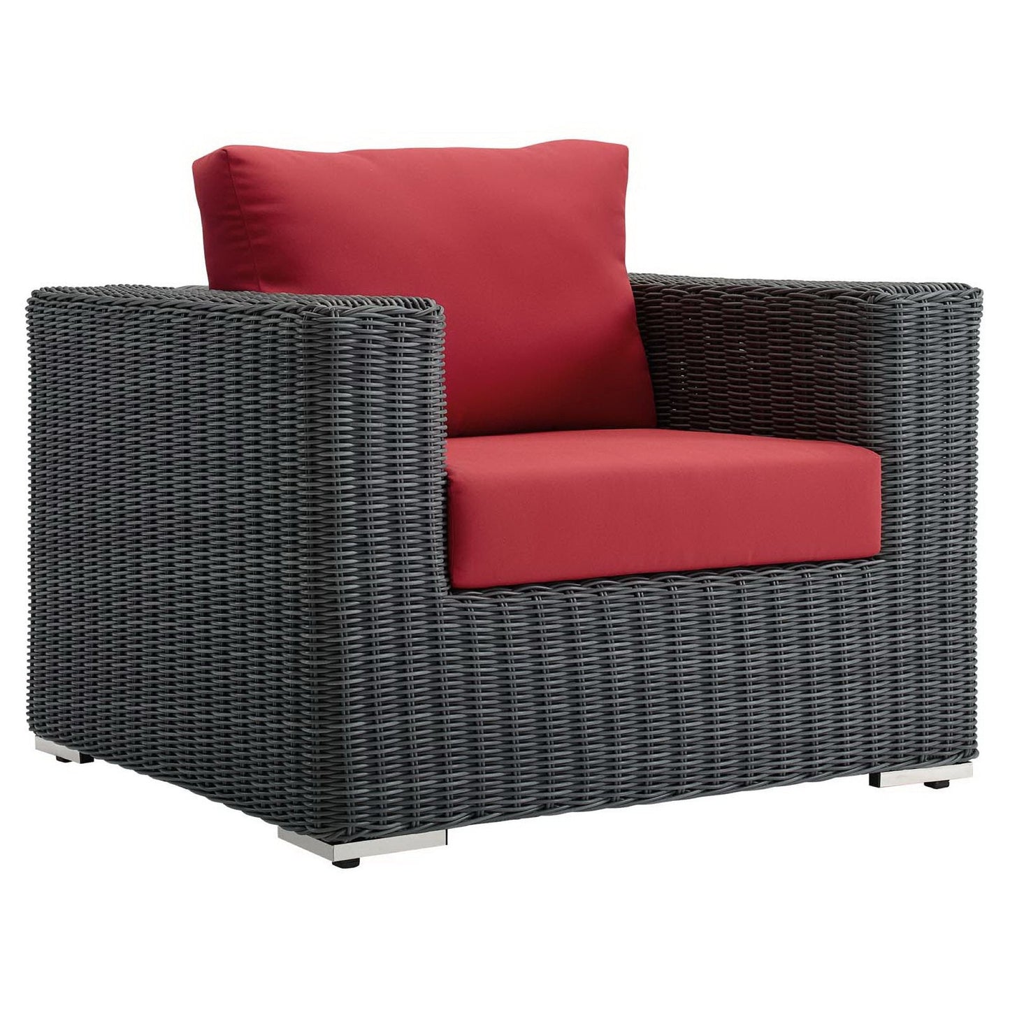 Summon outdoor Sunbrella armchair with dark wicker frame and red cushions by HouseOfZazla on Tampa Home & Garden Store