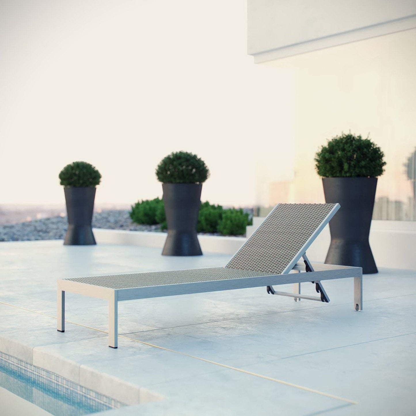 Shore outdoor aluminum rattan chaise by Modway with gray finish on pool deck on Tampa Home & Garden Store