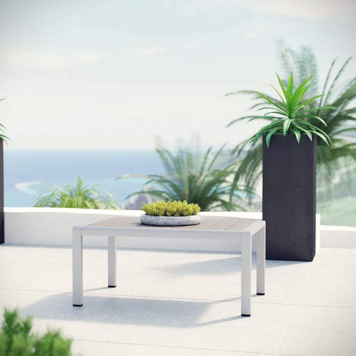 Shore Outdoor Patio Aluminum Coffee Table white square table with small succulent planter on top on Tampa Home & Garden Store