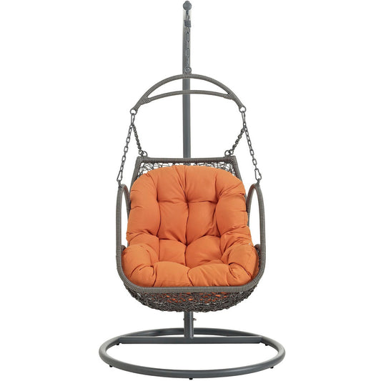 Arbor outdoor patio swing chair with orange cushion and gray wicker on a metal stand on Tampa Home & Garden Store