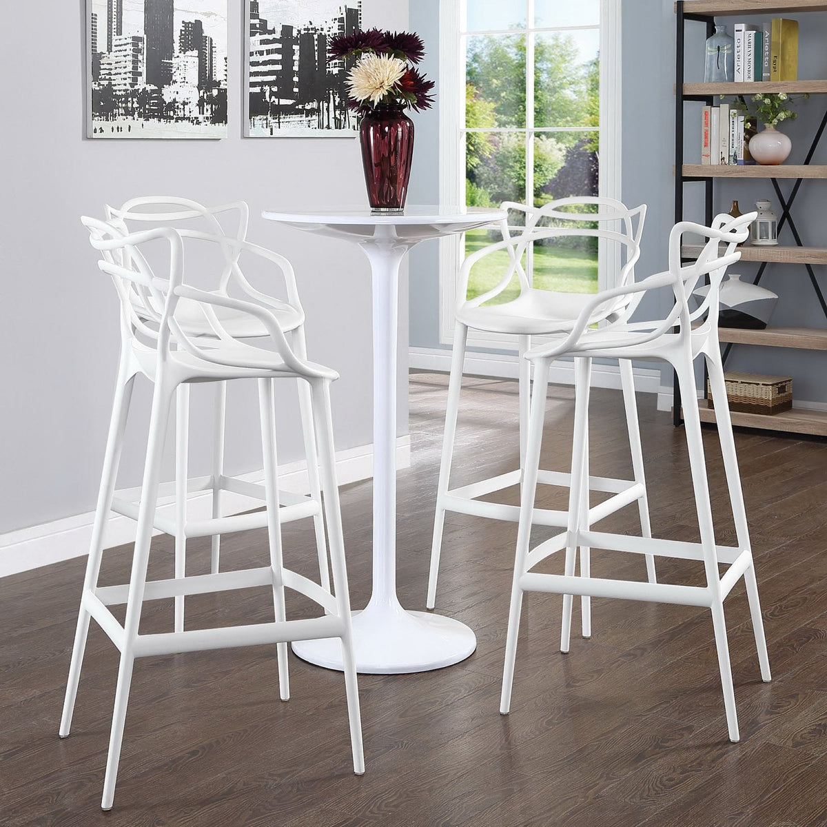 Entangled Bar Stool Set of 4 by Modway, white plastic stools around a round pedestal table on Tampa Home & Garden Store