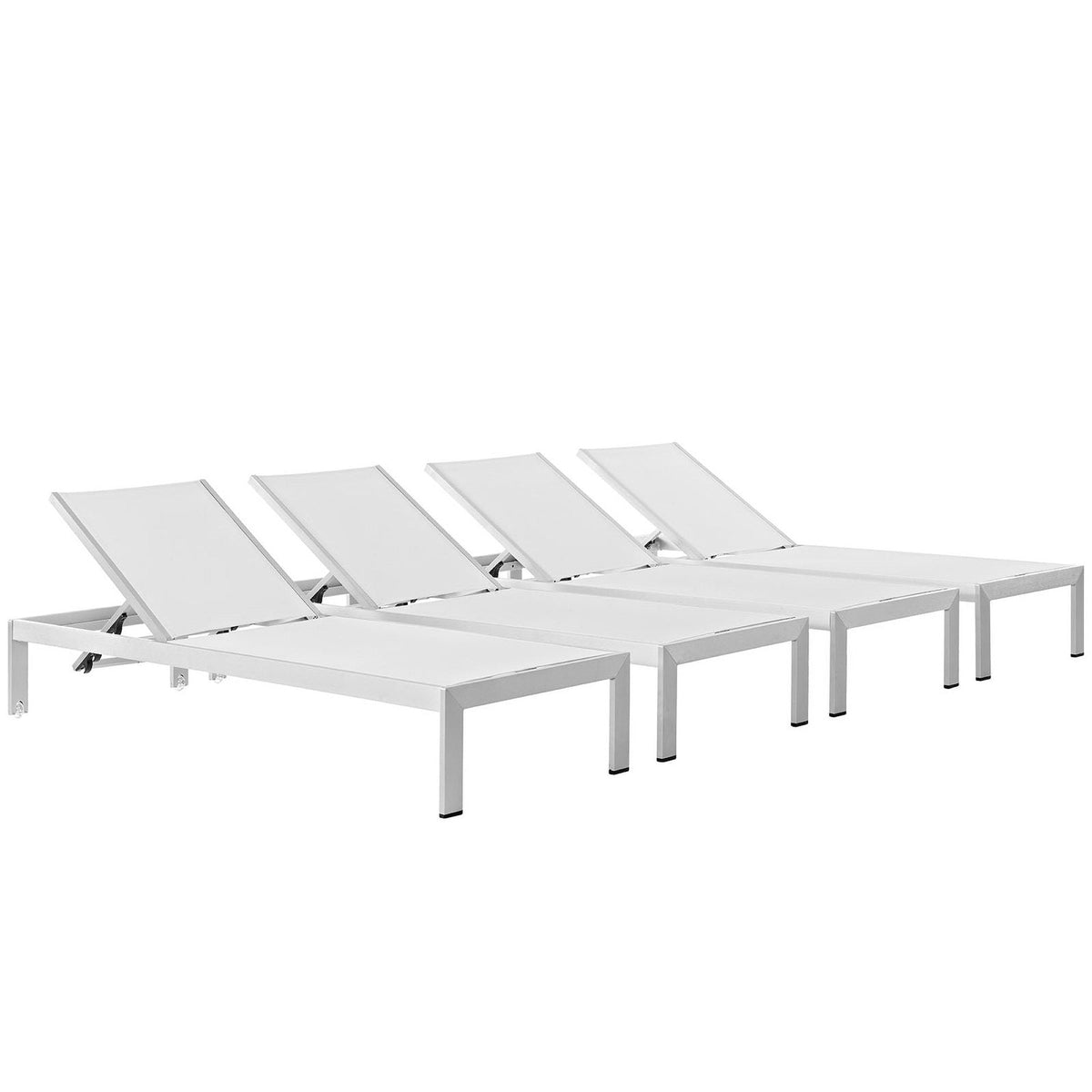 Shore Outdoor Patio Aluminum Chaise Set of 4 with white frames and adjustable backs by Modway on Tampa Home & Garden Store