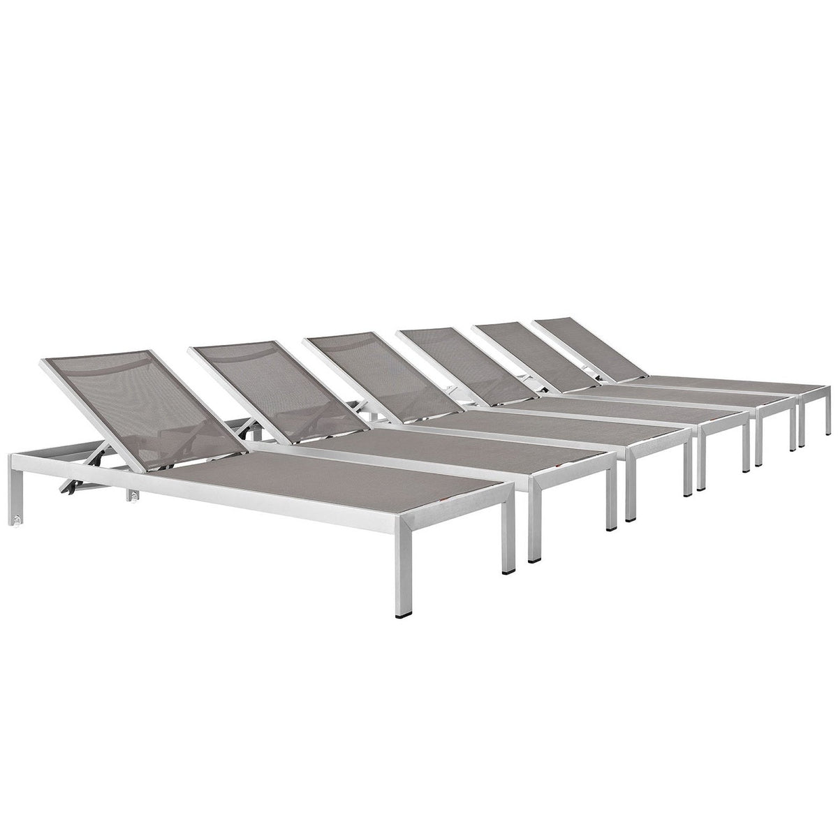 Shore outdoor patio aluminum chaise set of 6 with gray mesh seats and adjustable backs on Tampa Home & Garden Store