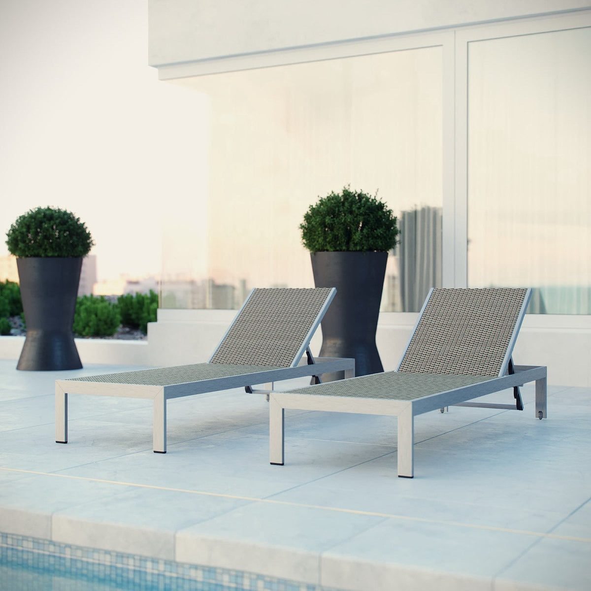 Shore Outdoor Patio Chaise Set of 2 with gray woven mesh, aluminum frames by Modway EEI-2477 on Tampa Home & Garden Store
