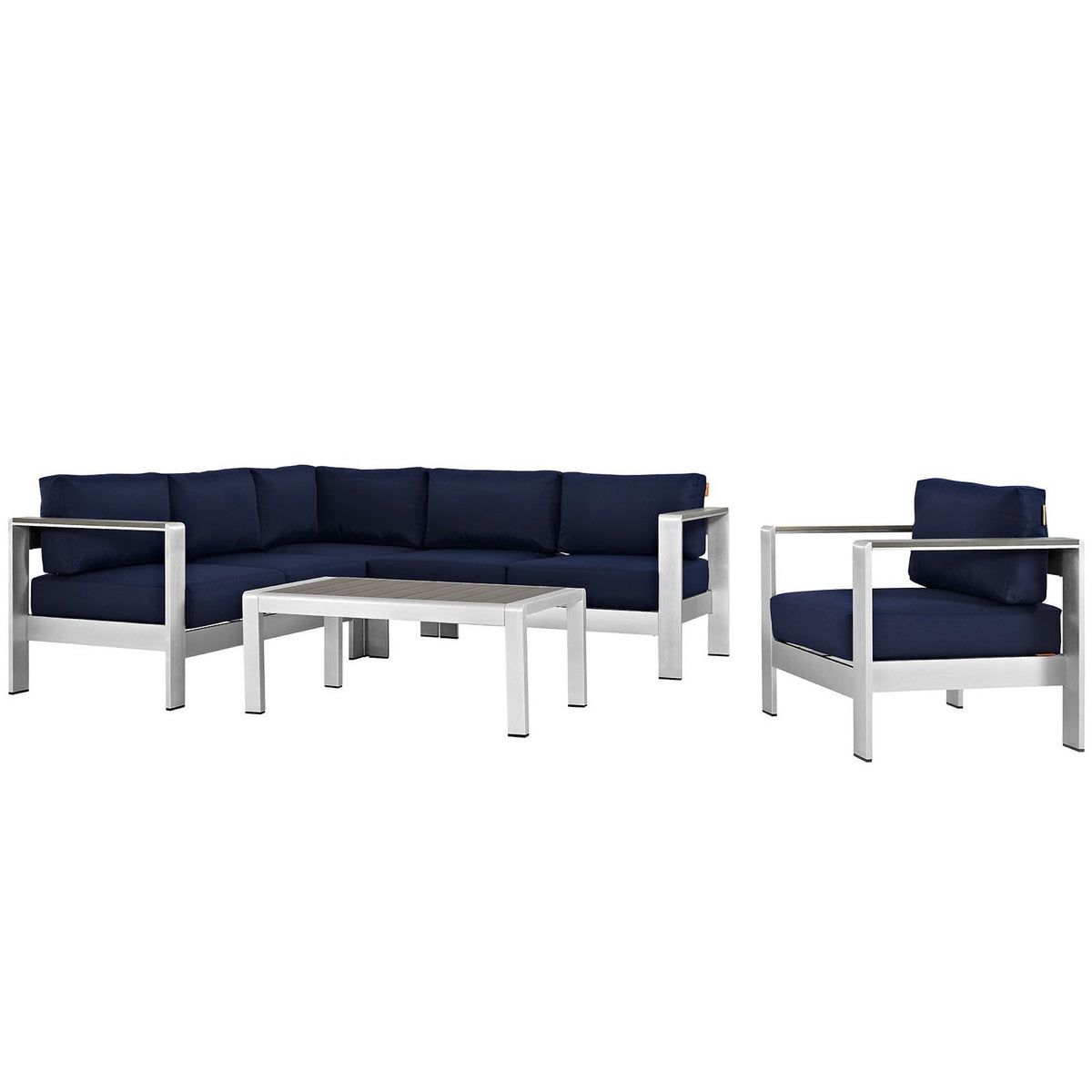 Shore 5-Piece Aluminum Sectional Sofa Set navy cushions, silver frame HouseOfZazla on Tampa Home & Garden Store