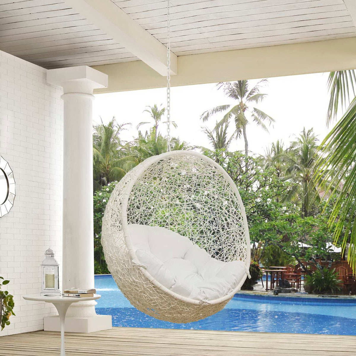 Hide Outdoor Patio Swing Chair white wicker hanging chair with cushioned seat and chain on Tampa Home & Garden Store