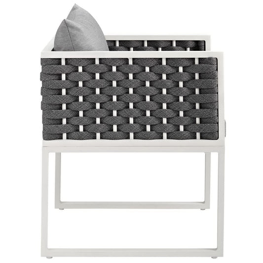 Stance outdoor patio aluminum dining armchair white frame, dark gray woven rattan cushion on Tampa Home & Garden Store