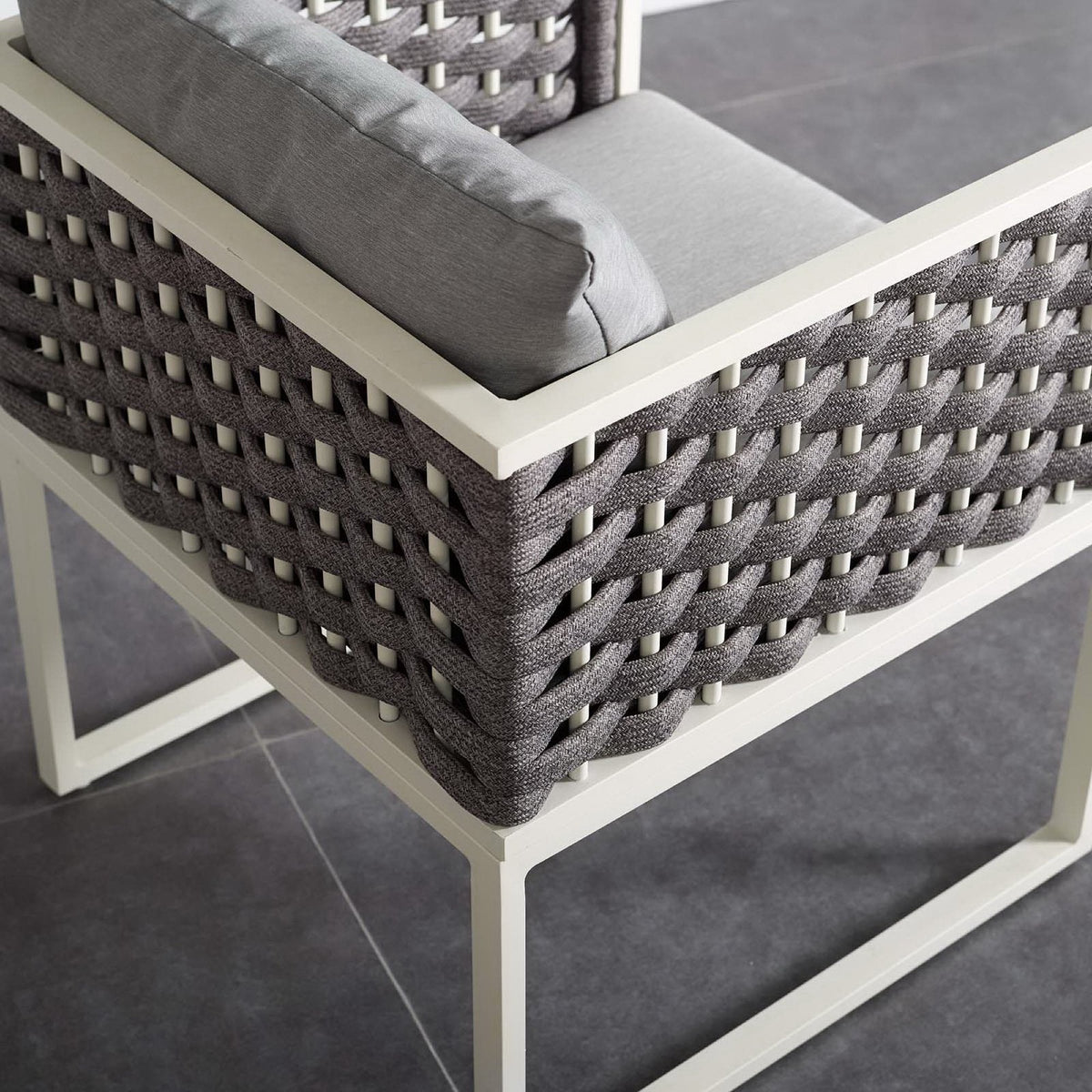 Stance Outdoor Aluminum Dining Armchair by Modway with gray woven wicker and cushioned seat on Tampa Home & Garden Store