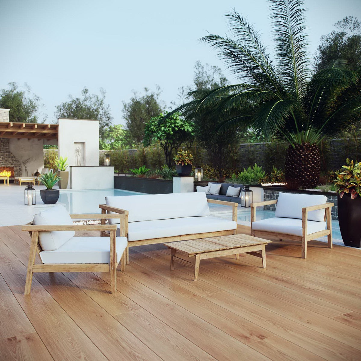 Bayport 4 Piece Outdoor Teak Set by Modway with white cushions and teak frames, poolside seating on Tampa Home & Garden Store