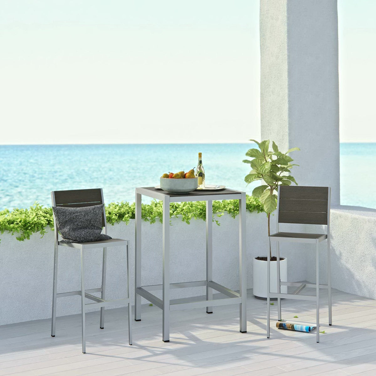 Shore 3 Piece Outdoor Pub Set white aluminum with dark seating by Modway, 2 stools and table on Tampa Home & Garden Store