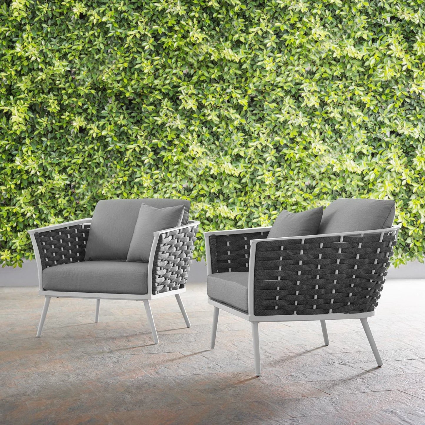 Stance outdoor aluminum armchairs set of 2 with gray cushions and wicker panels HouseOfZazla on Tampa Home & Garden Store