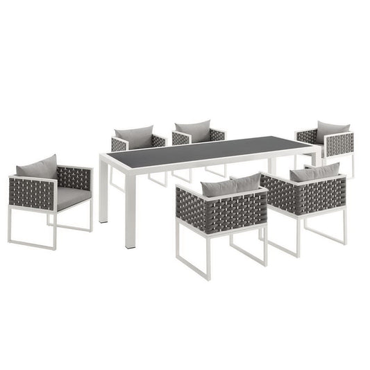 Stance 7-Piece aluminum dining set with white frames and gray woven chairs by Modway on Tampa Home & Garden Store